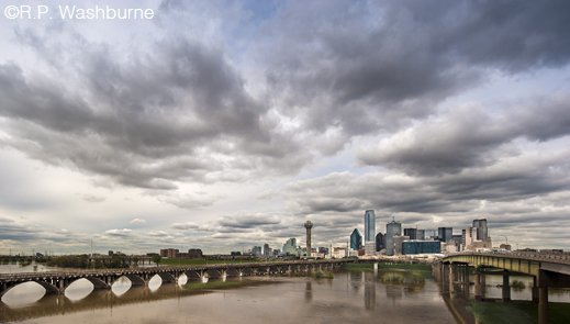 Fine photographic print of Dallas and flooded Trinity River by R.P. Washburne, at Sun to Moon Gallery