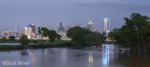 Fine photographic print of downtown dallas and flooded Trinity River by Scot Miller, at Sun to Moon Gallery, Dallas, TX