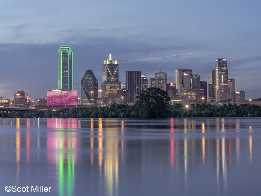 Fine photographic print of downtown dallas and flooded Trinity River by Scot Miller, at Sun to Moon Gallery, Dallas, TX